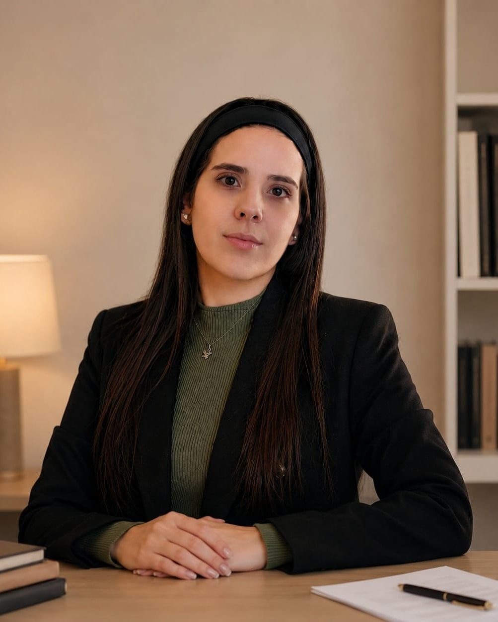 Escribana Camila Principe sentada en su escritorio, con saco negro y libros de fondo